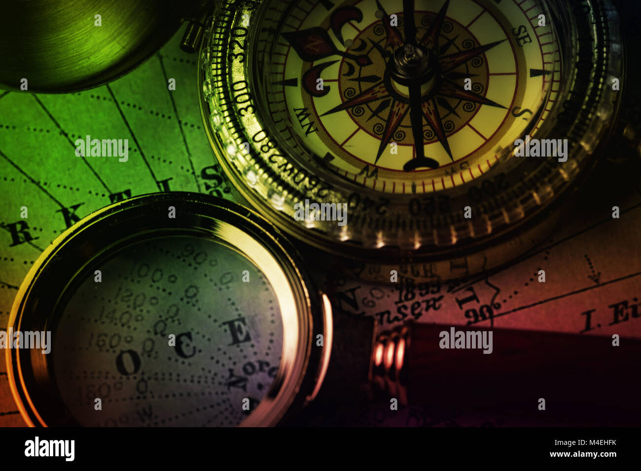 Old compass , magnifying glass hi-res stock photography and images - Alamy