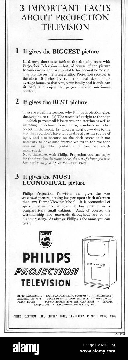 Philips Projection television, advert, advertising in Country Life magazine UK 1951 Stock Photo