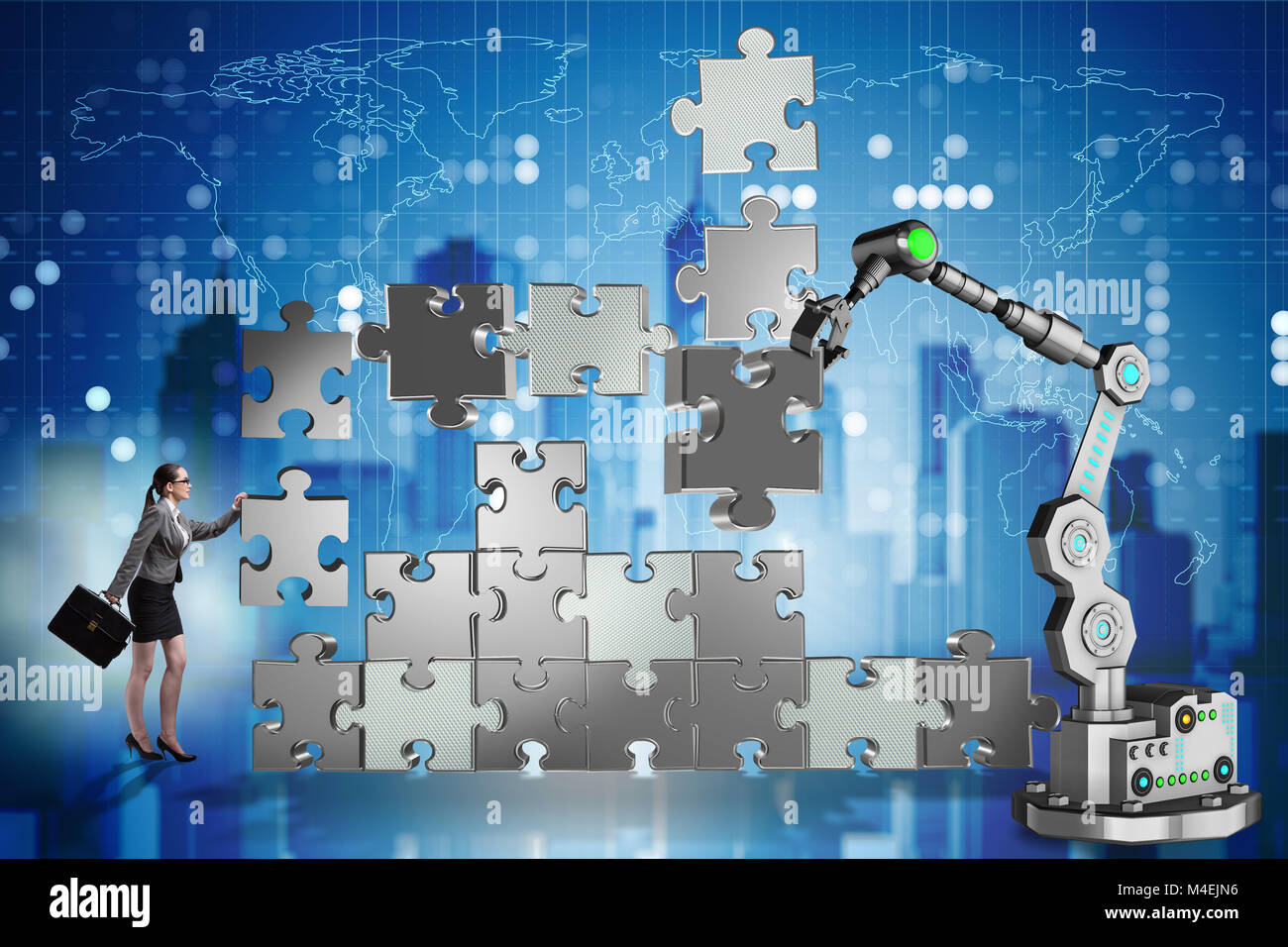Businesswoman doing jigsaw puzzle with robotic arm Stock Photo - Alamy