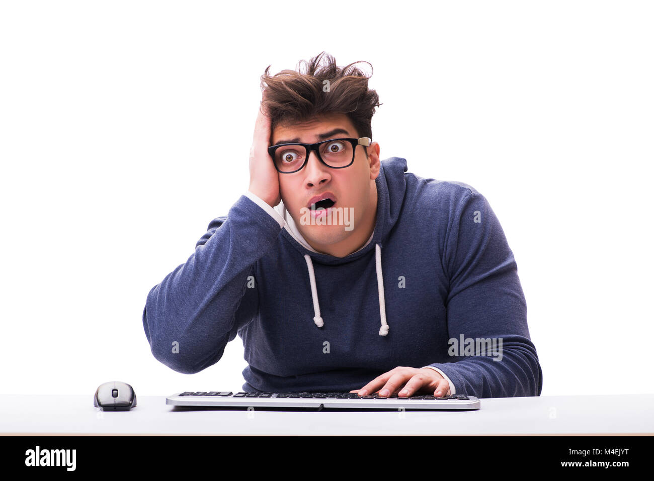 Funny nerd man working on computer isolated on white Stock Photo - Alamy