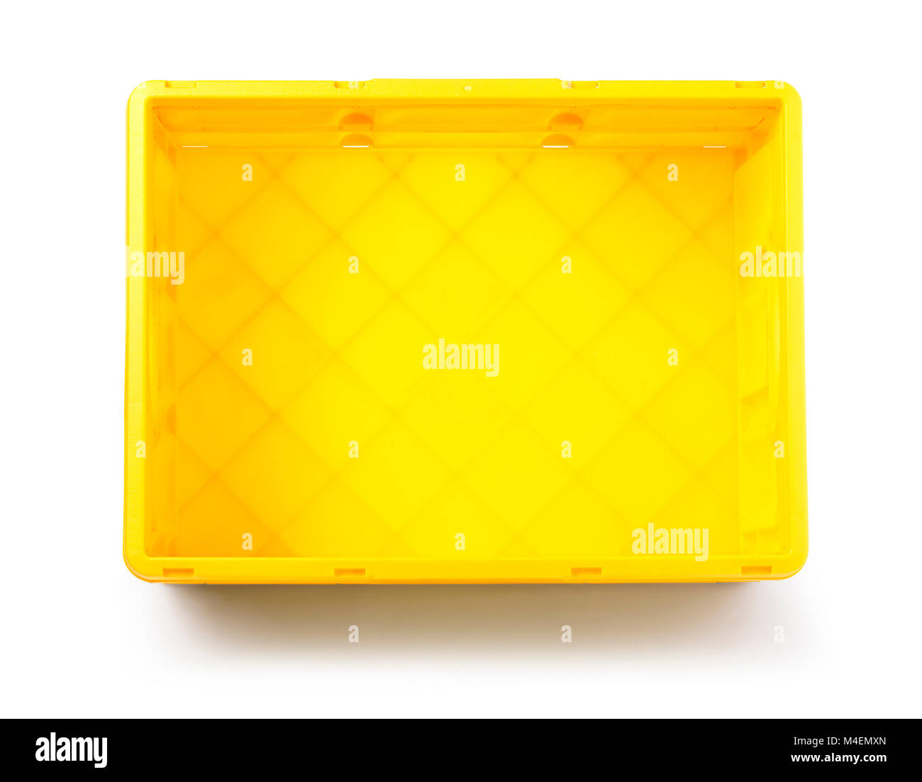Empty yellow plastic crate isolated over white background with clipping