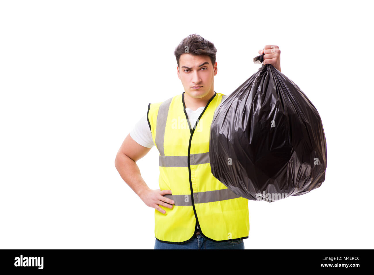 Man with garbage sack isolated on white Stock Photo