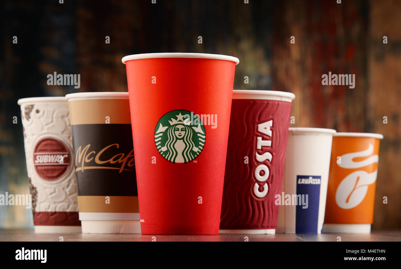 Cups of global coffeehouse brands Stock Photo Alamy