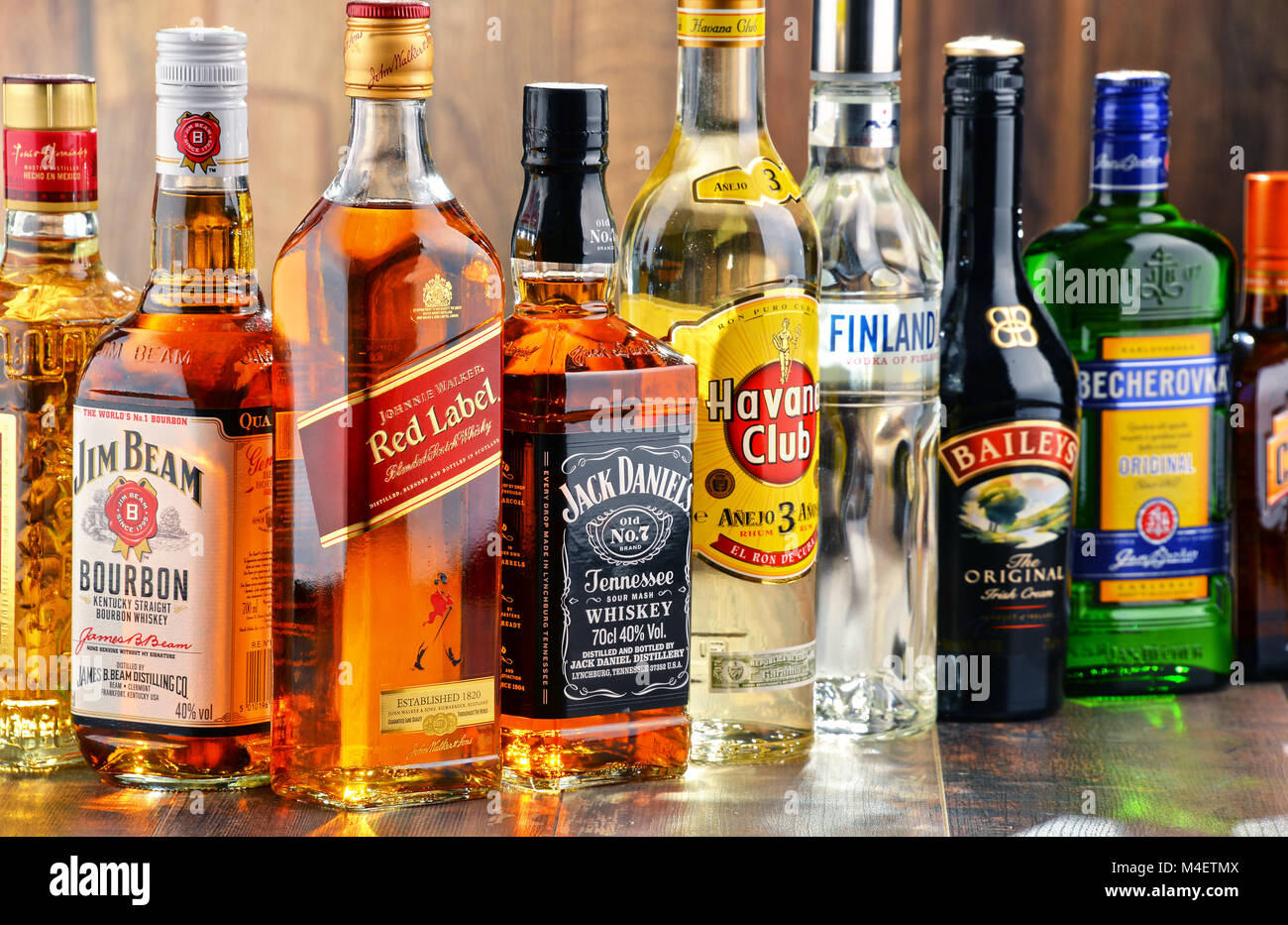 Bottles of assorted hard liquor brands Stock Photo