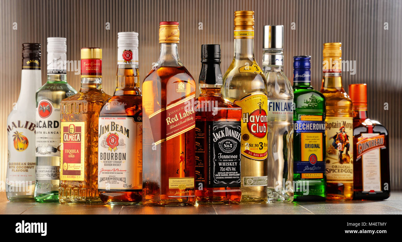 Bottles of assorted hard liquor brands Stock Photo