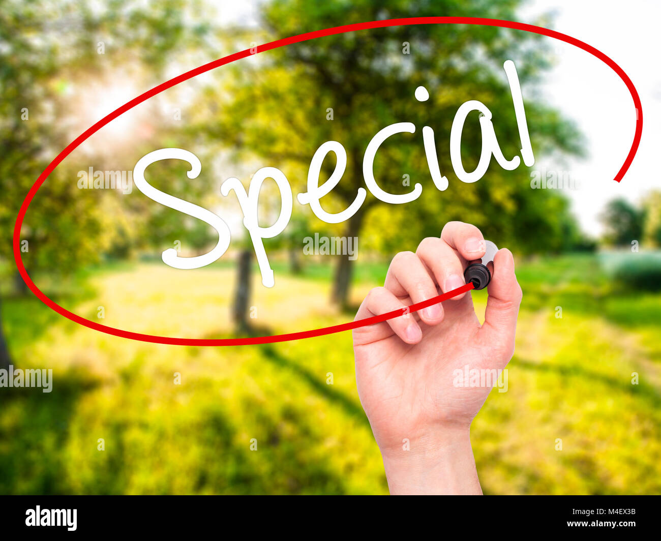 Man Hand writing Special with black marker on visual screen Stock Photo