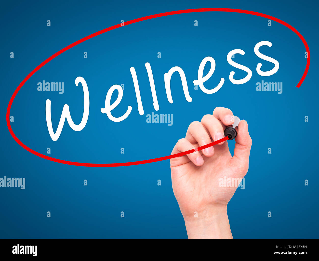 Man Hand writing Wellness with marker on transparent wipe board Stock Photo