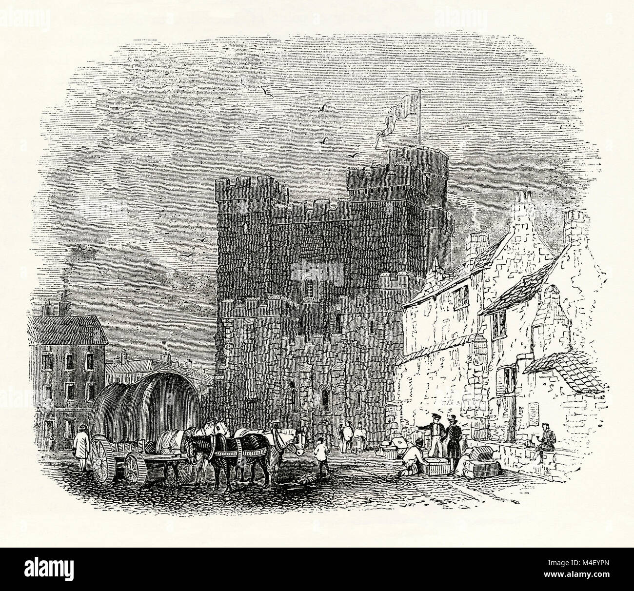 An old engraving of The Castle, Newcastle, a medieval fortification in
