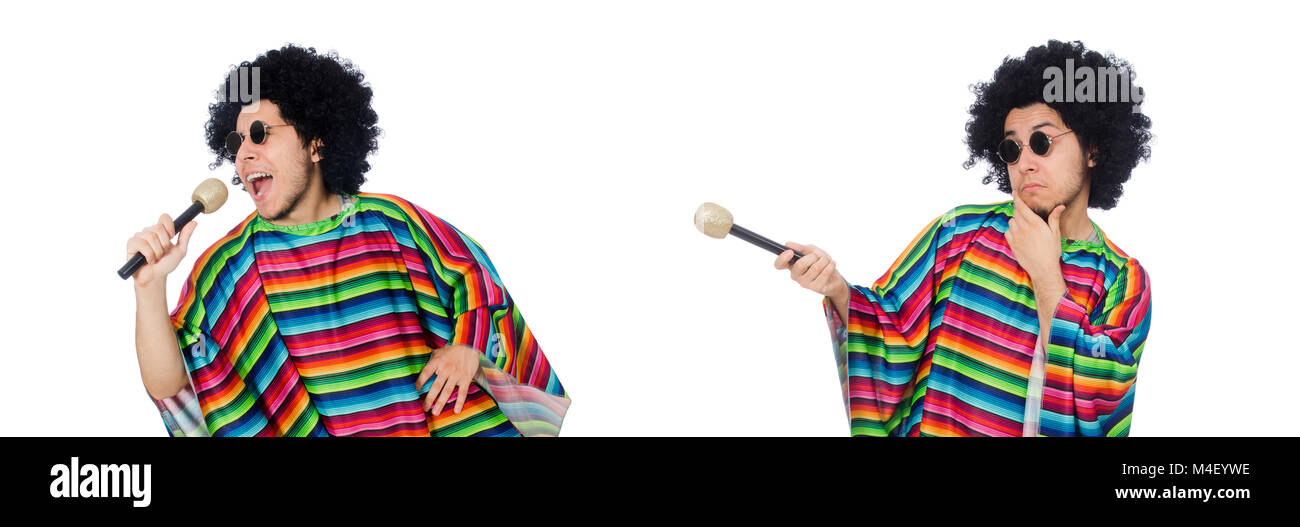 Funny mexican wearing poncho with maracas isolated on white Stock Photo