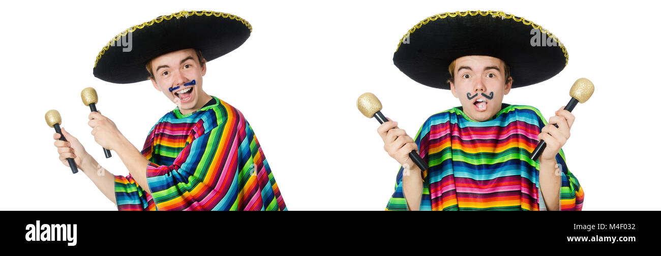 Funny young mexican shaking maracas isolated on white Stock Photo Alamy