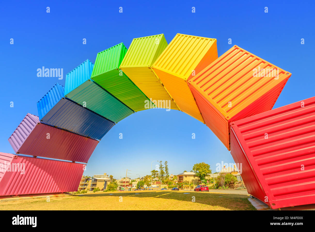 Fremantle, Australia - Jan 7, 2018: Fremantle travel welcome. Rainbow Sea Container in Fremantle Port near Perth, Western Australia. Homosexuality and hope concept. Blue sky. Copy space. Stock Photo