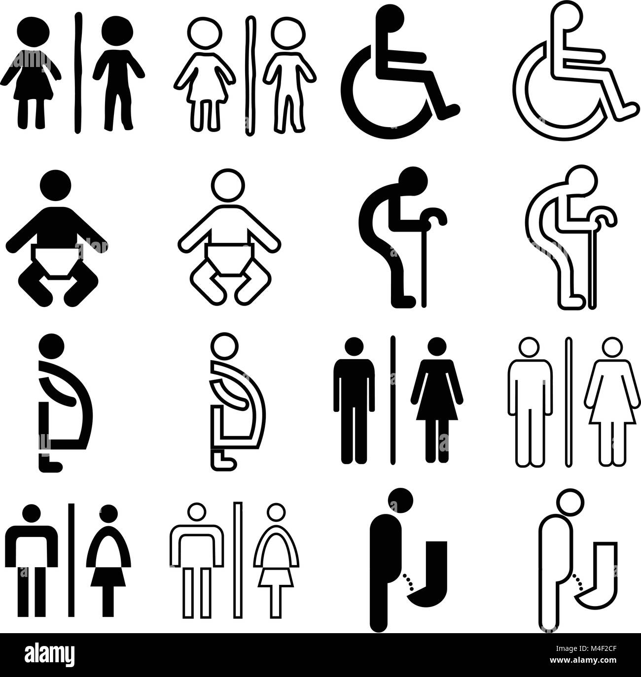 modern style of toilet sign with baby, men, women, pregnant women, aged, handicapped in art