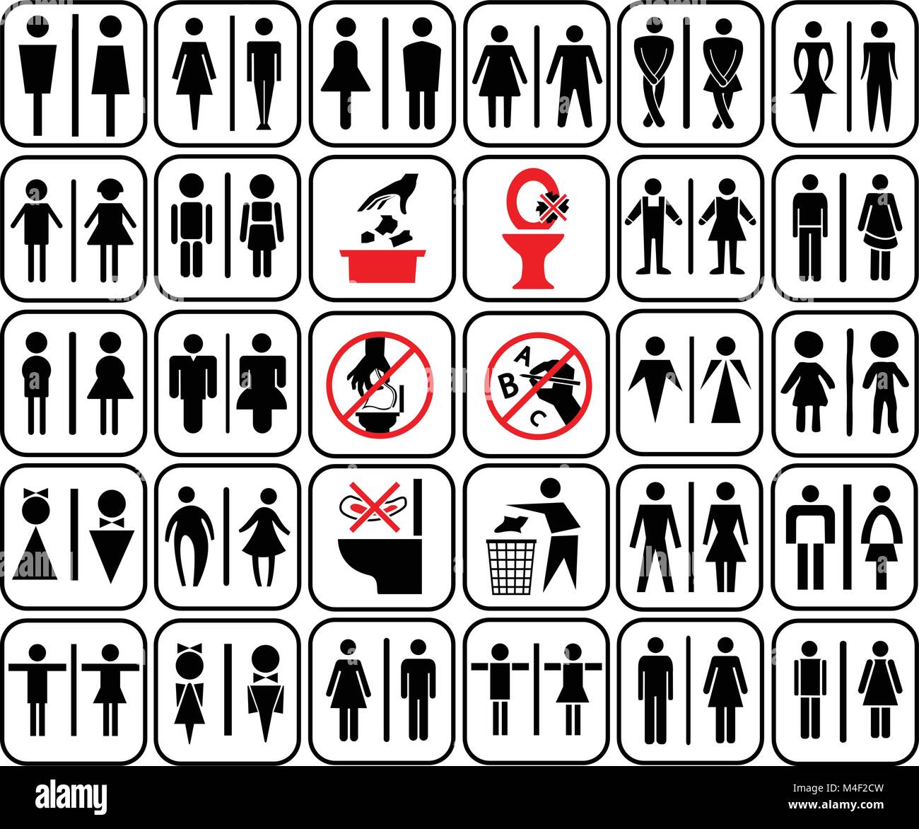 modern style of toilet sign with baby, men, women, pregnant women, aged, handicapped in art style design and access use warning in toilet , vector set Stock Vector