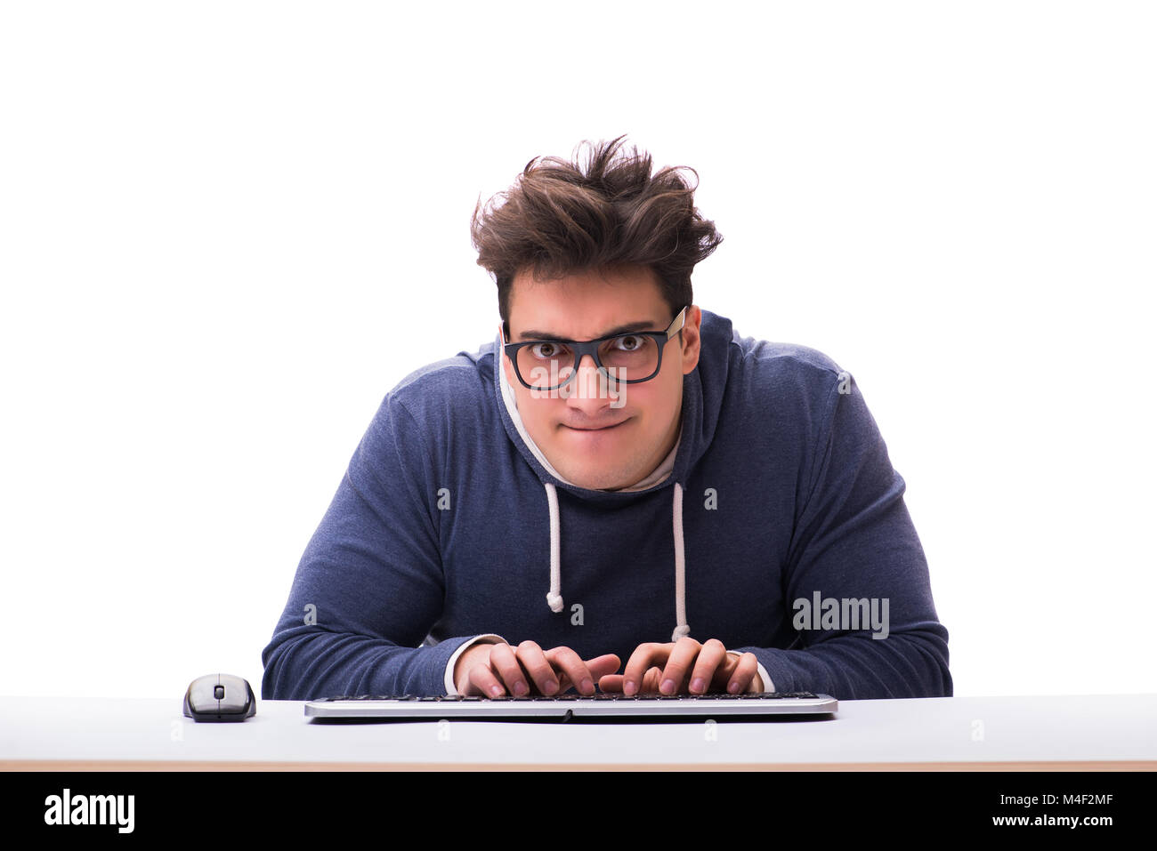 Funny nerd man working on computer isolated on white Stock Photo - Alamy