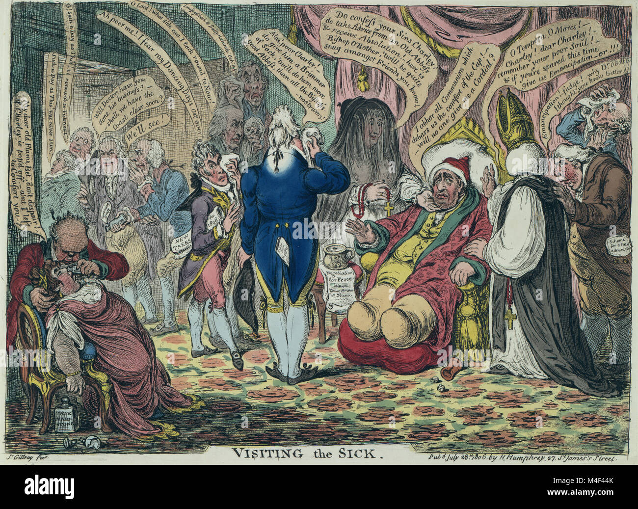Visiting the sick by James Gillray 1806. Charles Fox sitting in an armchair, obviously ill. On one side of him is Mrs. Fitzherbert, dressed as an abbess and holding a rosary; on the other side is a bishop in robes and mitre. In front of Fox, the Prince of Wales holds his handkerchief to his face. Stock Photo