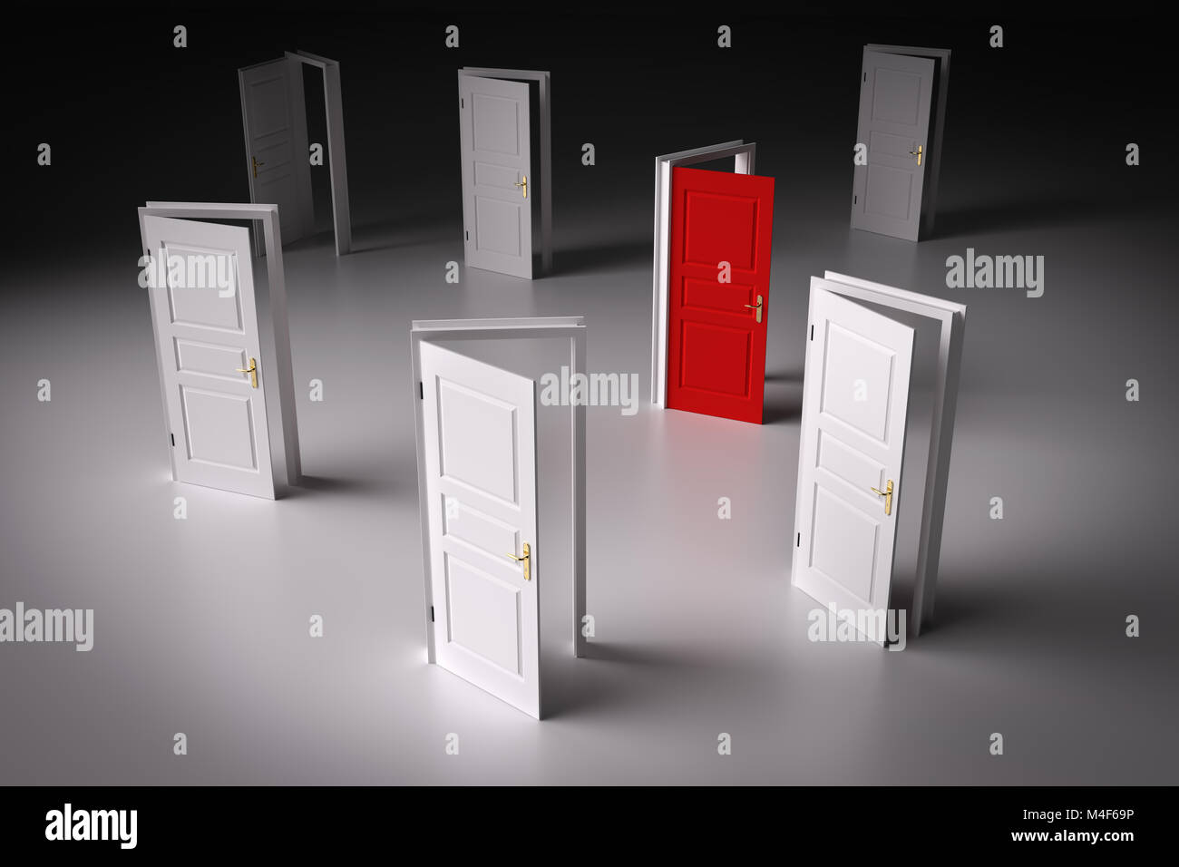 Red door among other white ones. Decision making Stock Photo