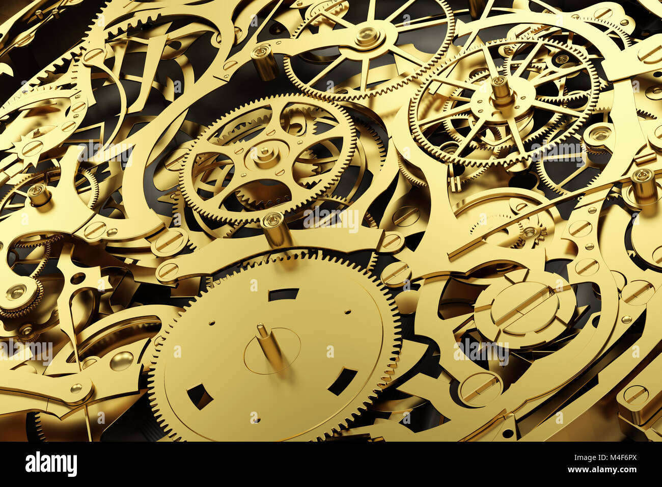 Gold mechanism, clockwork with working gears. Stock Photo