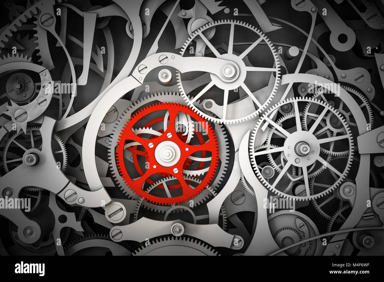 Mechanism, clockwork with one different, red cogwheel. Stock Photo