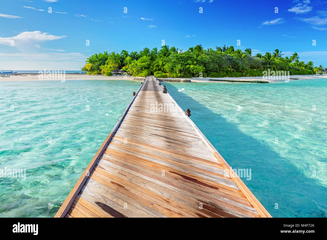 Wooden jetty towards a small island in Maldives Stock Photo