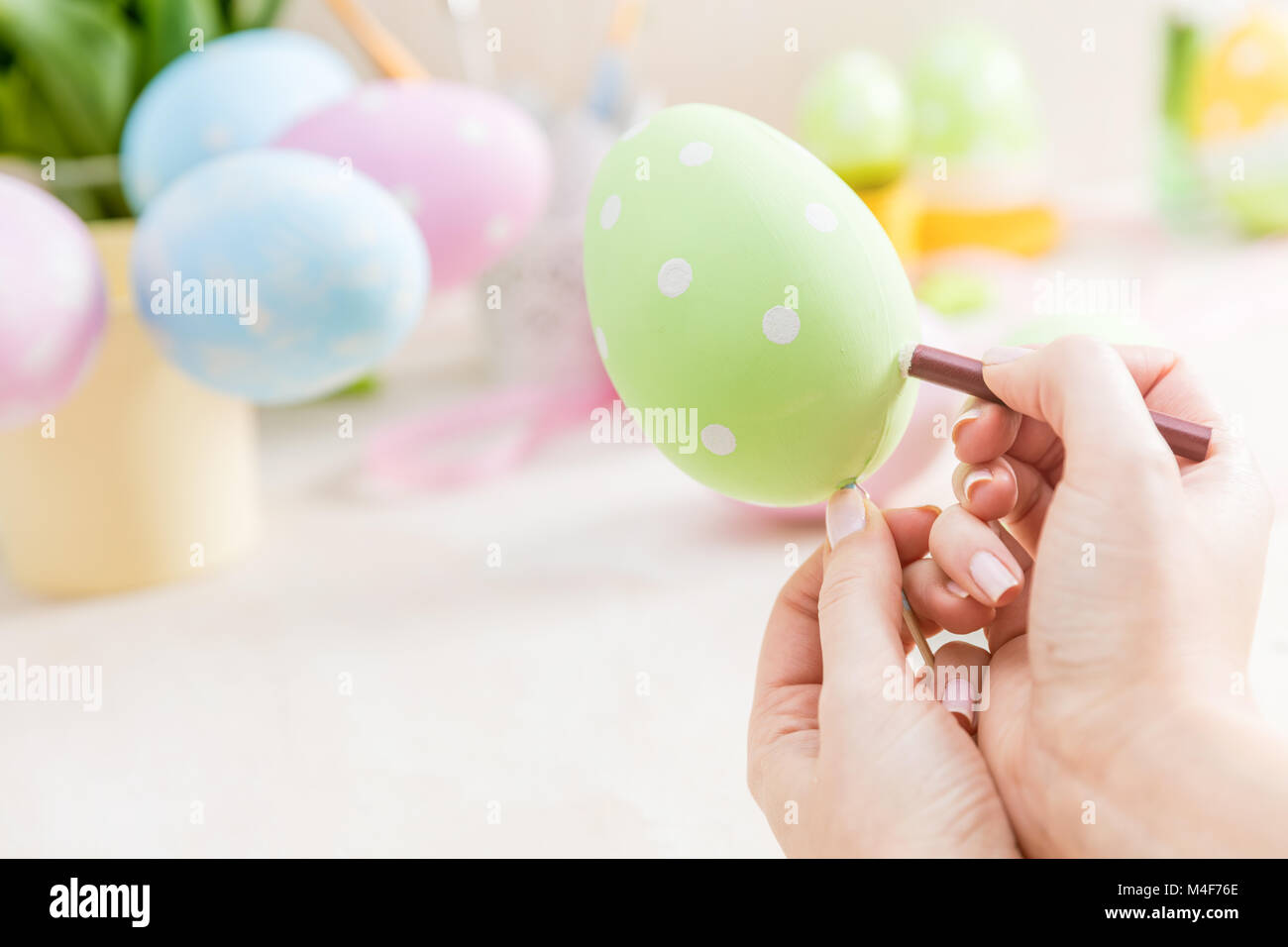 Easter egg handcrafted at home. Stock Photo