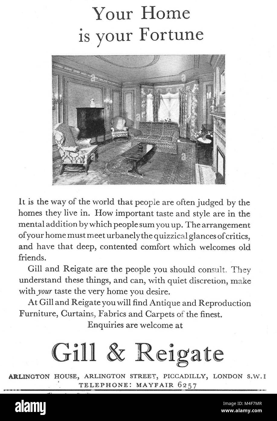 Gill & Reigate home domestic interior design advert, advertising in Country Life magazine UK 1951 Stock Photo