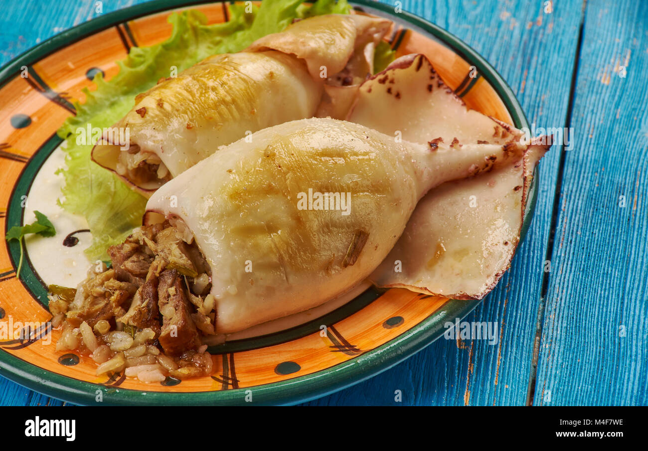Lulas Recheadas - Portuguese dish, stuffed squid with bacon and rice