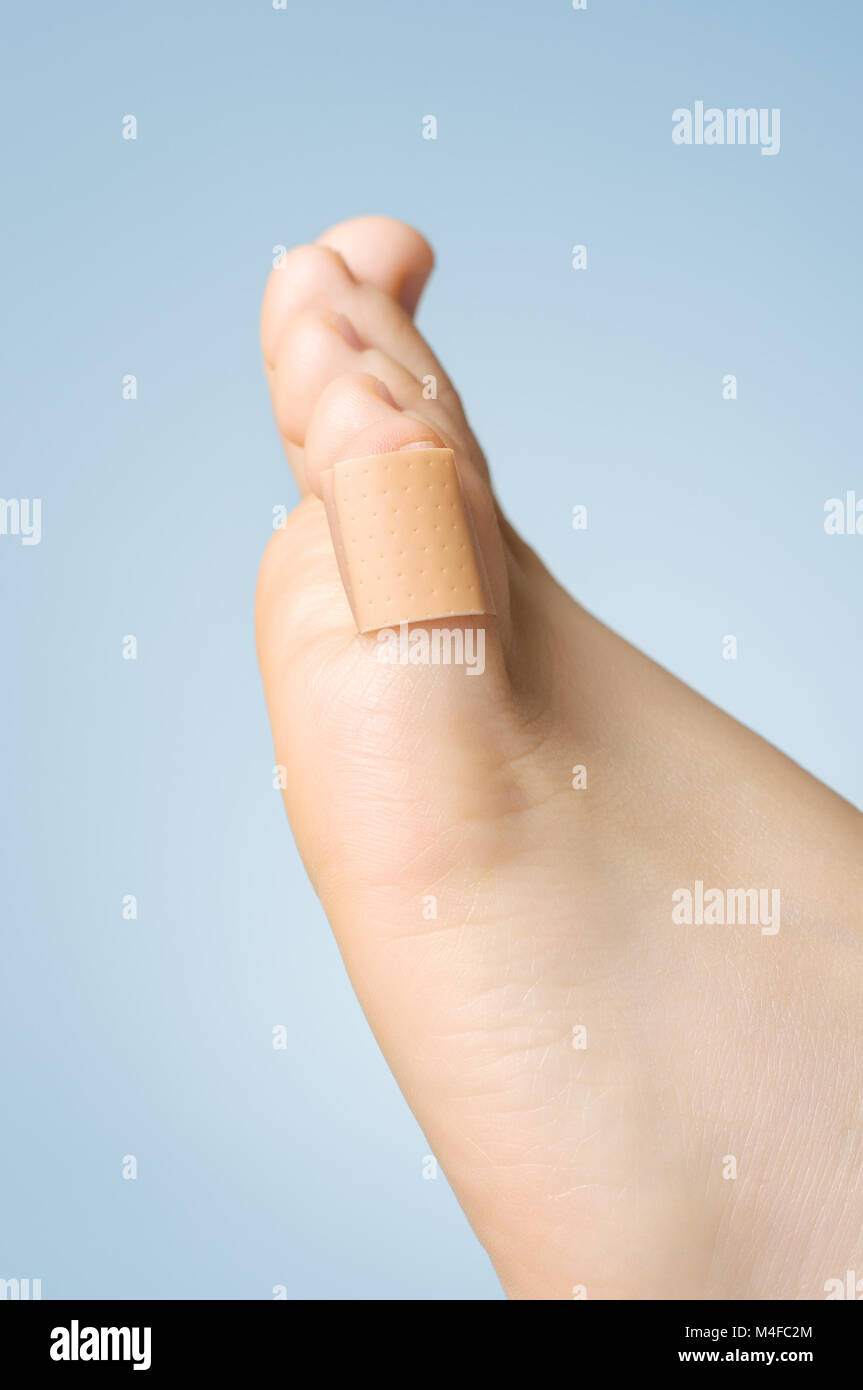 Injured female toe with an adhesive bandage Stock Photo Alamy