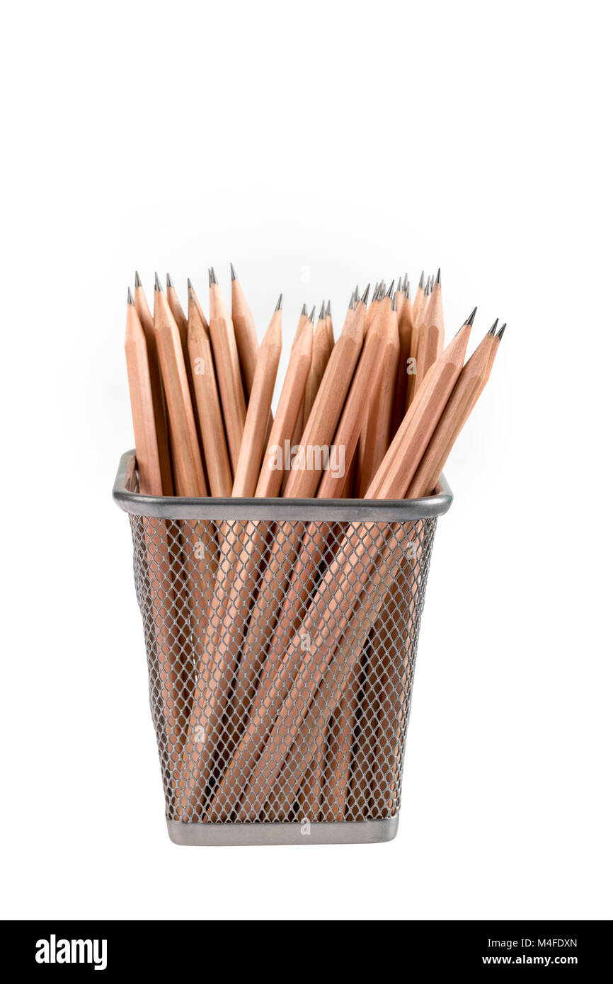 lead pencils in metal grid container Stock Photo