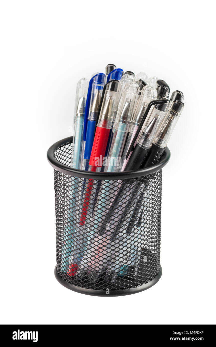 gel pens in metal pot isolated Stock Photo