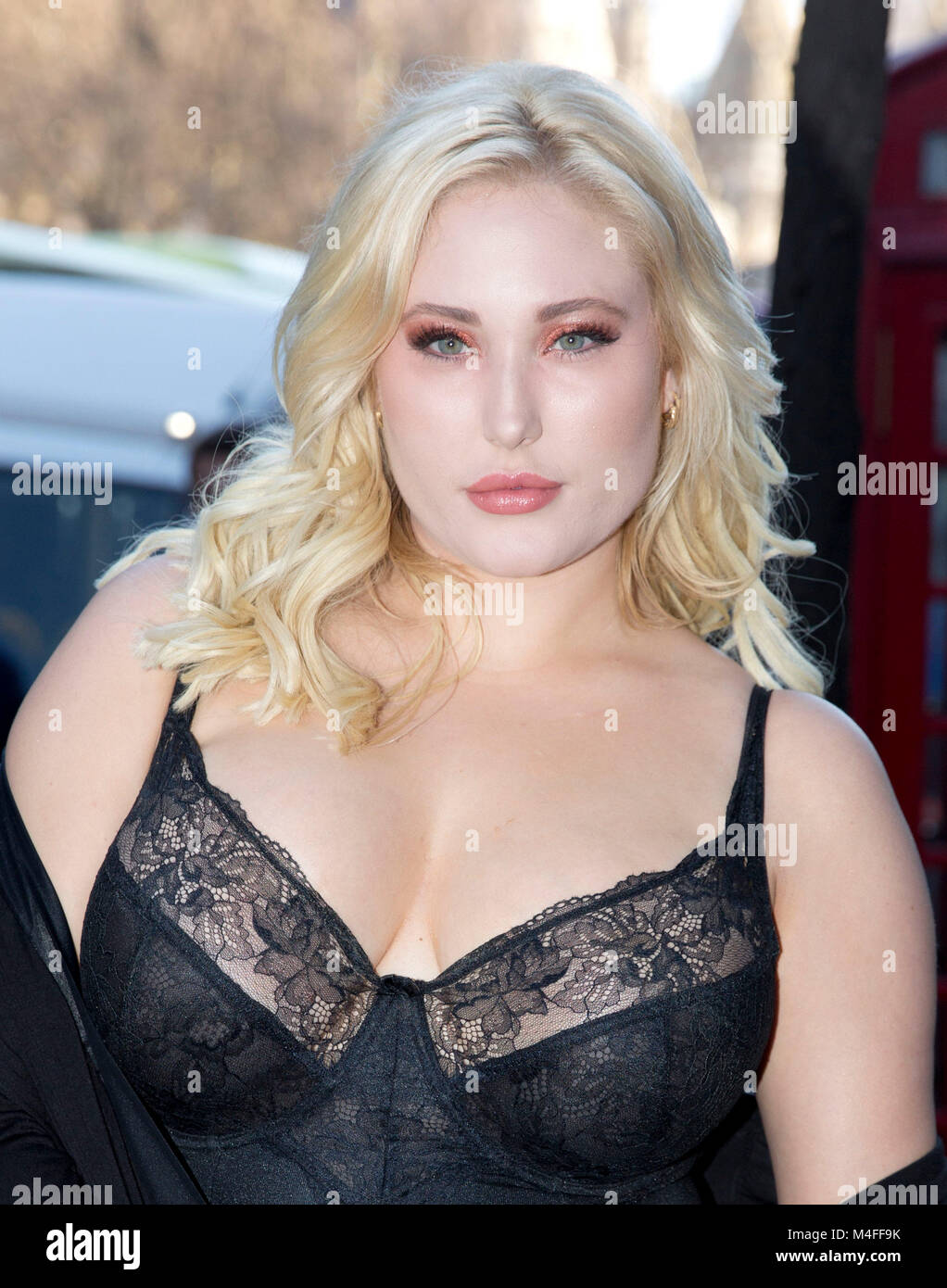 Hayley Hasselhoff protests against Fashion Week sizes on the catwalk outside the BFC ShowSpace in London at the start of London Fashion Week. Stock Photo