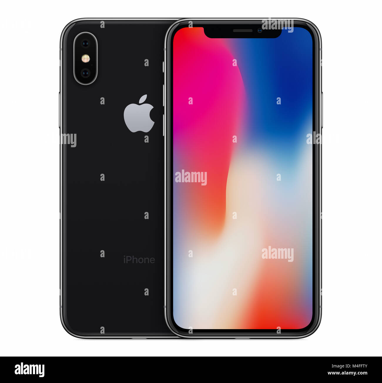 Space Gray Apple iPhone X mockup front view with wallpaper screen and iPhone 10 back side behind it. Stock Photo