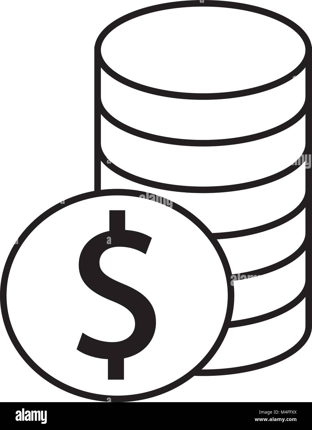 Dollar currency icon or logo vector over a pile of coins stack. Symbol for United States of America bank, banking or American finances. Stock Vector