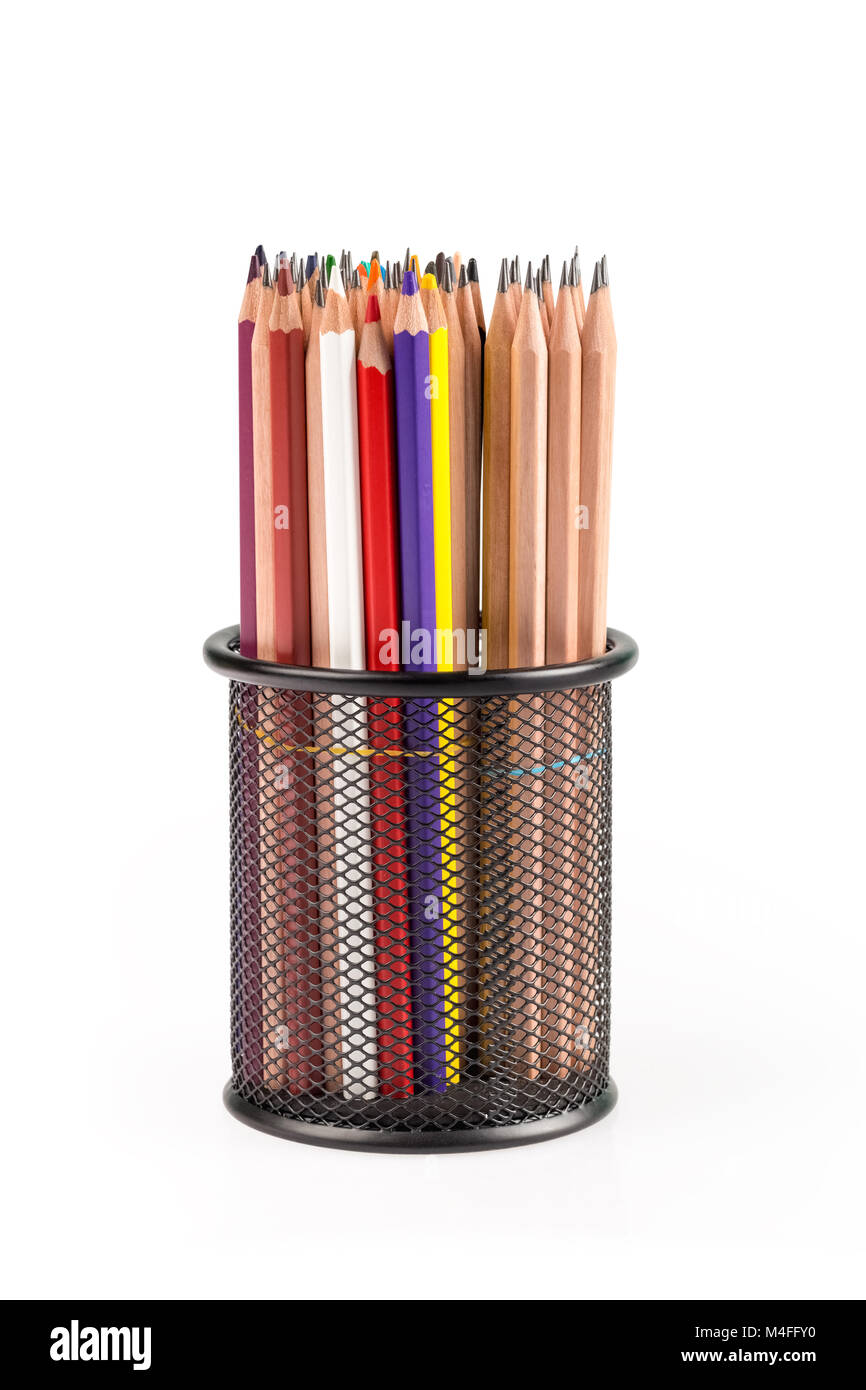 various pencils in metal grid container isolated Stock Photo
