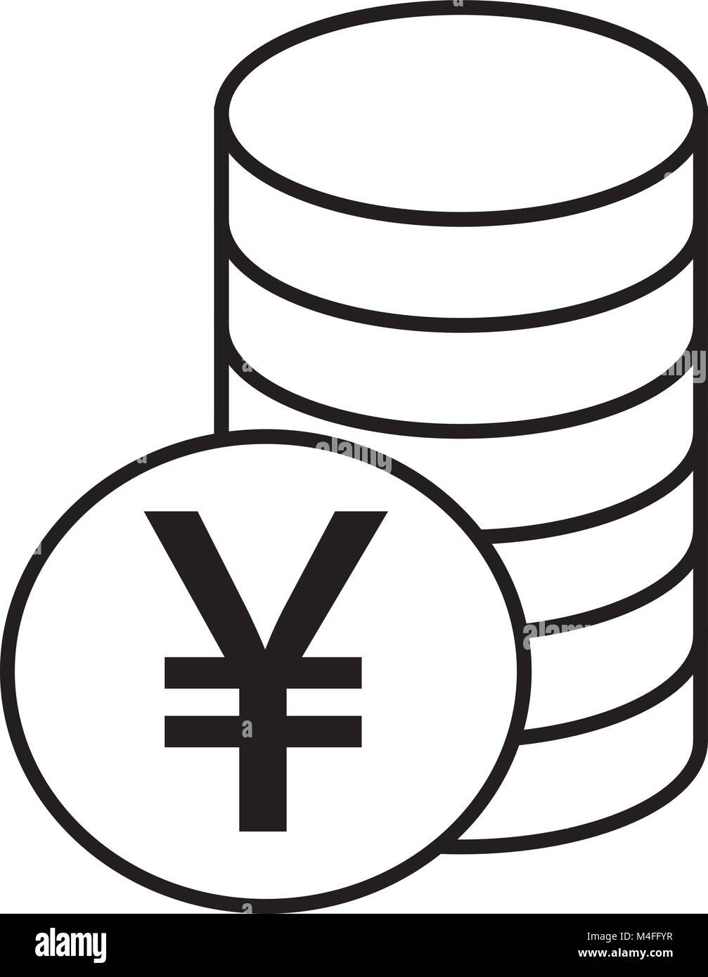 Yen, Yuan or Renminbi currency icon or logo vector over a pile of coins stack. Symbol for Japanese or Chinese bank, banking or Japan and China finance Stock Vector