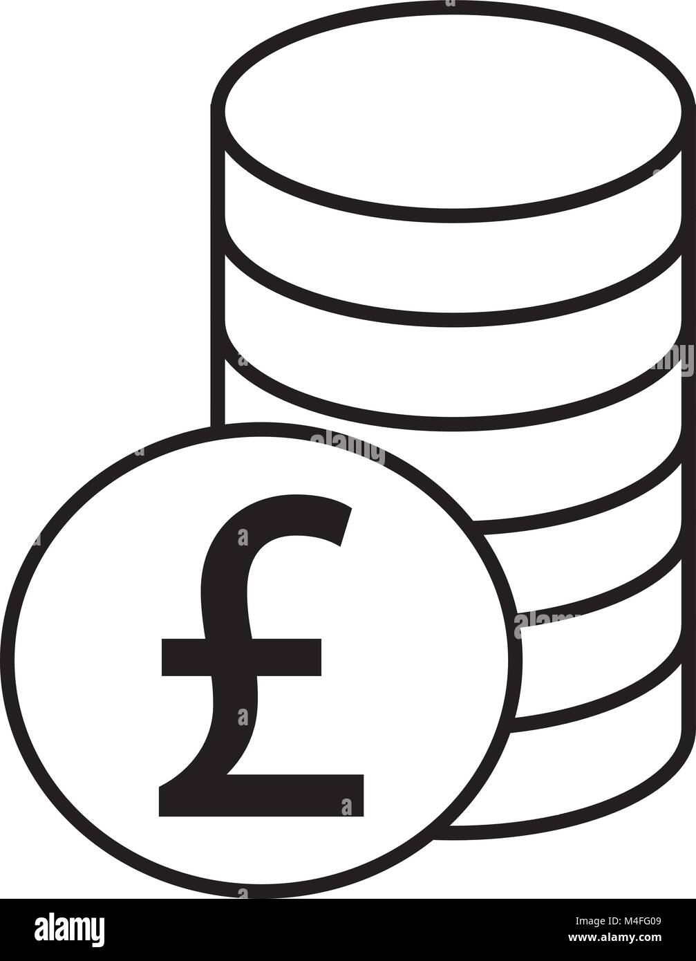 Pound Sterling currency icon or logo vector over a pile of coins stack. Symbol for United Kingdom or Great Britain and England bank, banking or Britis Stock Vector