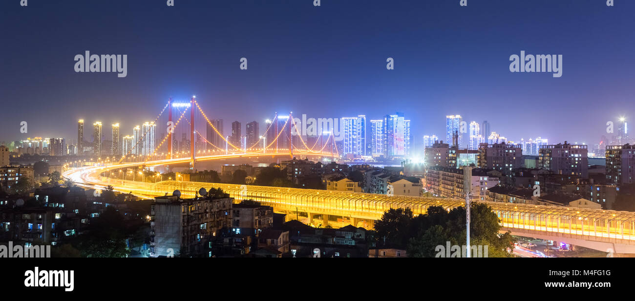 wuhan bridge night view Stock Photo