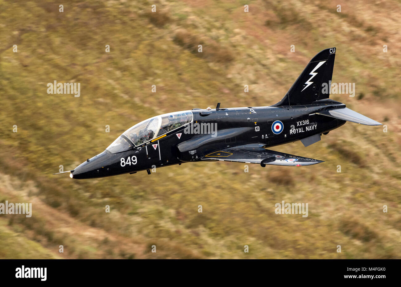 Royal Navy Livery Hawk from RAF Leeming low level flying in the Mach Loop Stock Photo