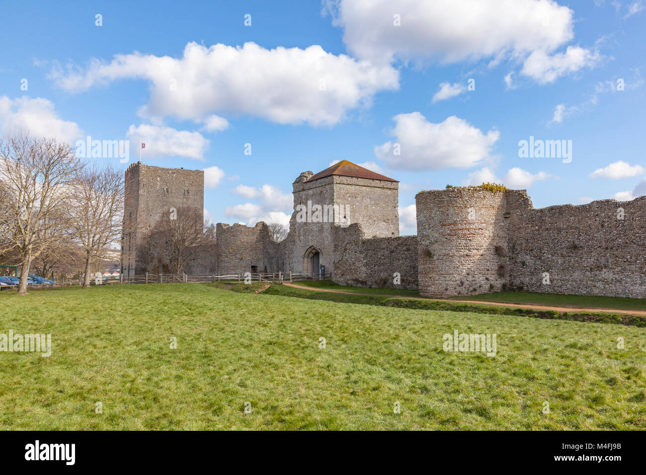 The Keep and Gatehouse of Portchester Castle from outside the walls, Portsmouth, Hampshire, UK