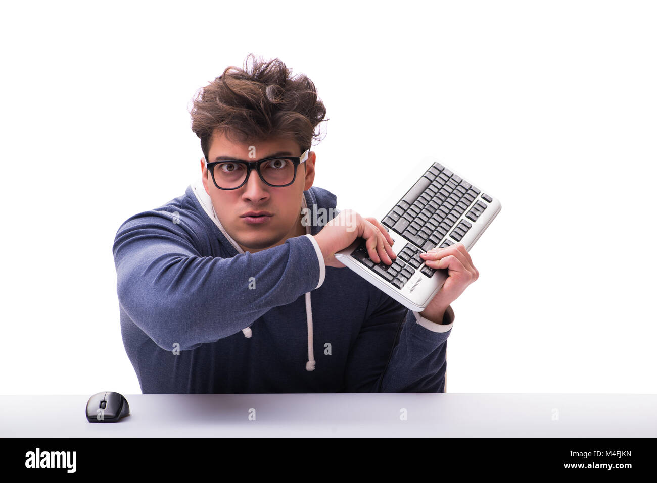 Funny nerd man working on computer isolated on white Stock Photo - Alamy