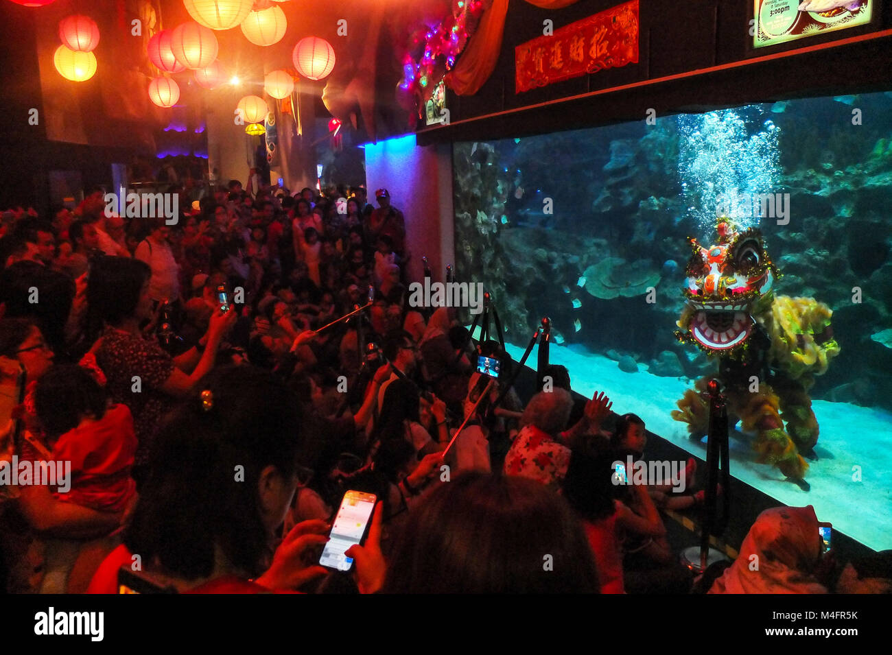 KUALA LUMPUR, MALAYSIA - FEBRUARY 16: People watch a chinese Lion dance performances by professional diver   inside the Aquaria KLCC during Chinese New Year celebration in Kuala Lumpur on February 16, 2018. The Chinese Lunar New Year on February 16 will welcome the Year of the dog (also known as the Year of the Earth Dog). (Photo by Samsul Said/AFLO) (MALAYSIA) Stock Photo