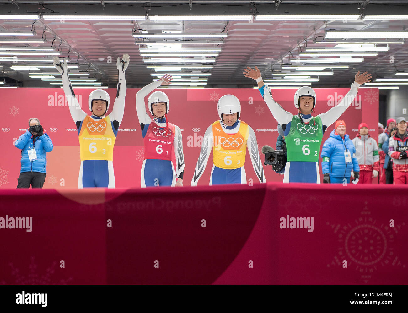 Team KOR, jubelt ueber 9. Platz, Aileen Christina FRISCH (2.left to right), LIM Namkyu (rechts), PARK Jinyong / CHO Jung Myung jubilation, jubelt, Freude, Begeisterung, Emotion, jubeln, cheers,   Rodeln Team Wettbewerb, Staffel, Luge - Team Relay Competition Olympic Sliding Centre, 15.02.2018. Olympische Winterspiele 2018, vom 09.02. - 25.02.2018 in PyeongChang/ Suedkorea. |usage worldwide Stock Photo