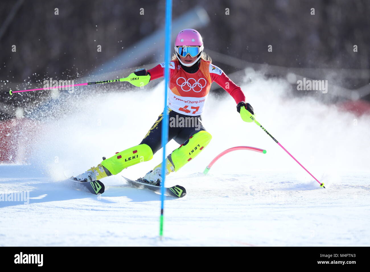 Yongpyong, South Korea. 16th Feb, 2018. Kim Vanreusel of Belgium in the 1st heat of the women's Slalom alpine skiing event during the Pyeongchang 2018 winter olympics in Yongpyong, South Korea, 16 February 2018. Credit: Michael Kappeler/dpa/Alamy Live News Stock Photo