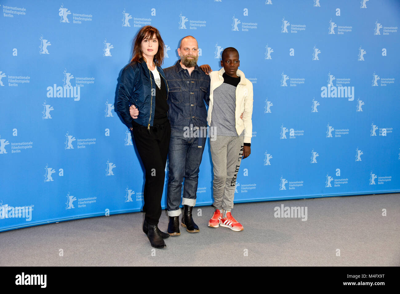 Berlin, Germany. 16th February, 2018. Susanne Wolff, Wolfgang Fischer and Gedion Oduor Wekesa during the 'Styx' photocall at the 68th Berlin International Film Festival / Berlinale 2018 on February 16, 2018 in Berlin, Germany. Credit: Geisler-Fotopress/Alamy Live News Stock Photo