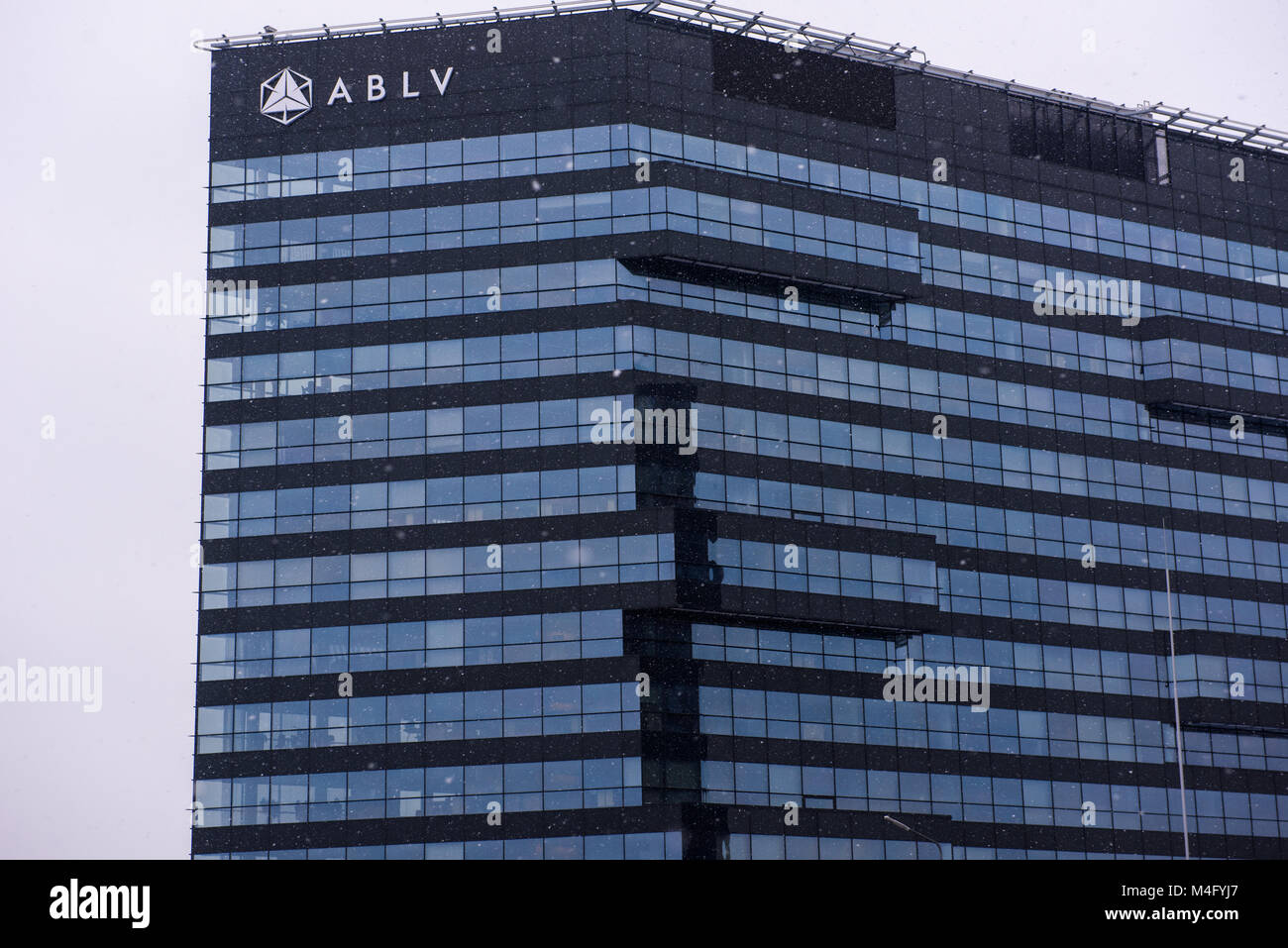 Riga, Latvia. 16th Feb, 2018. Part of ABLV bank house during snowfall. ABLV Bank, AS (hereinafter referred to as the Bank) is the company registered pursuant to the laws of the Republic of Latvia. Credit: Gints Ivuskans/Alamy Live News Stock Photo