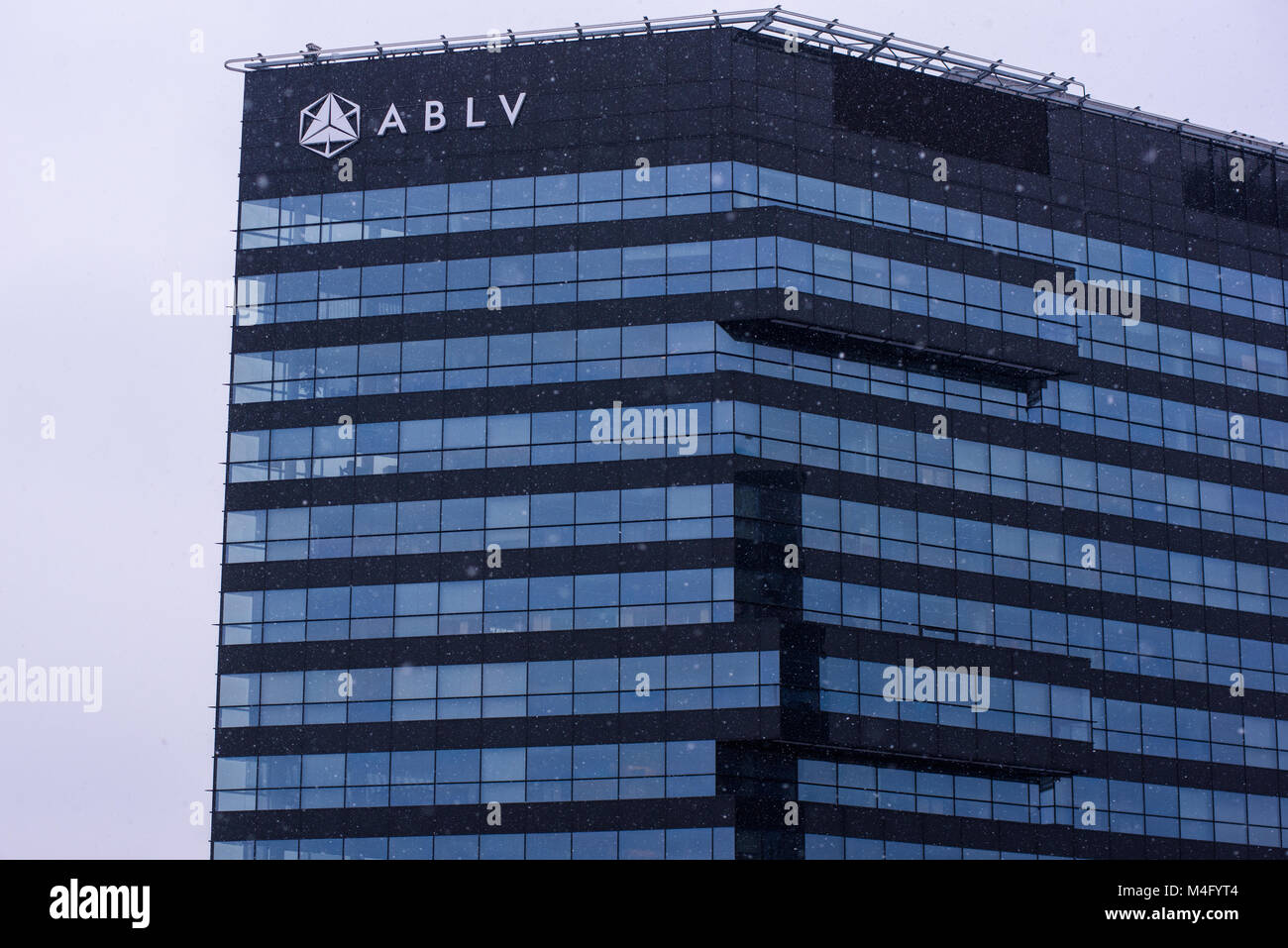 Riga, Latvia. 16th Feb, 2018. Part of ABLV bank house during snowfall. ABLV Bank, AS (hereinafter referred to as the Bank) is the company registered pursuant to the laws of the Republic of Latvia. Credit: Gints Ivuskans/Alamy Live News Stock Photo