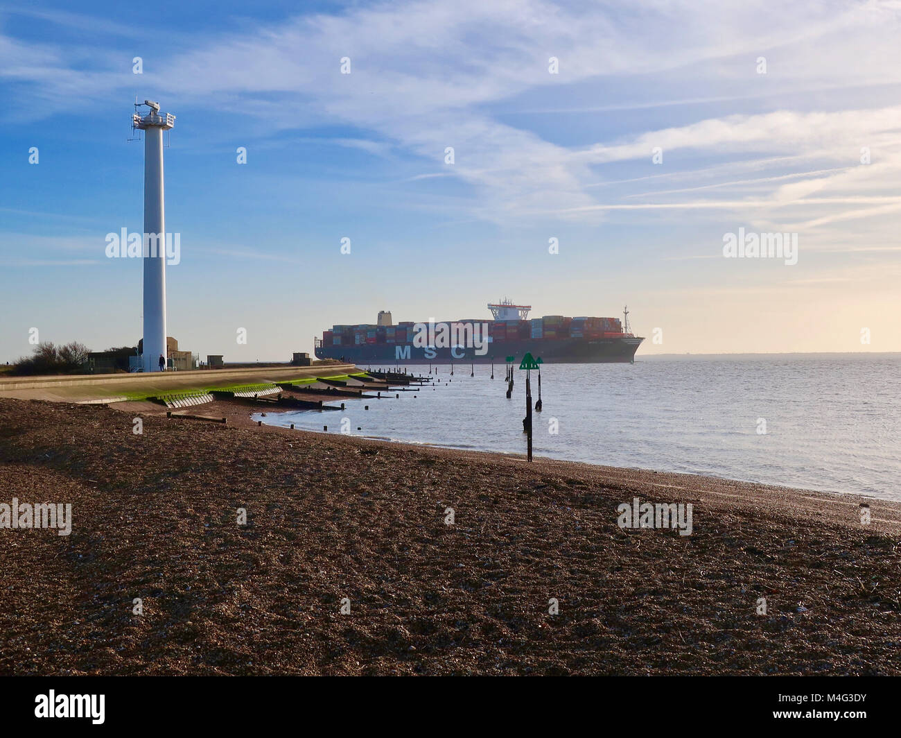 Felixstowe, UK. 16th February, 2018. UK Weather: Bright chilly winter afternoon as container ship the MSC Ditte arrives at the Port of Felixstowe, Suffolk. Stock Photo