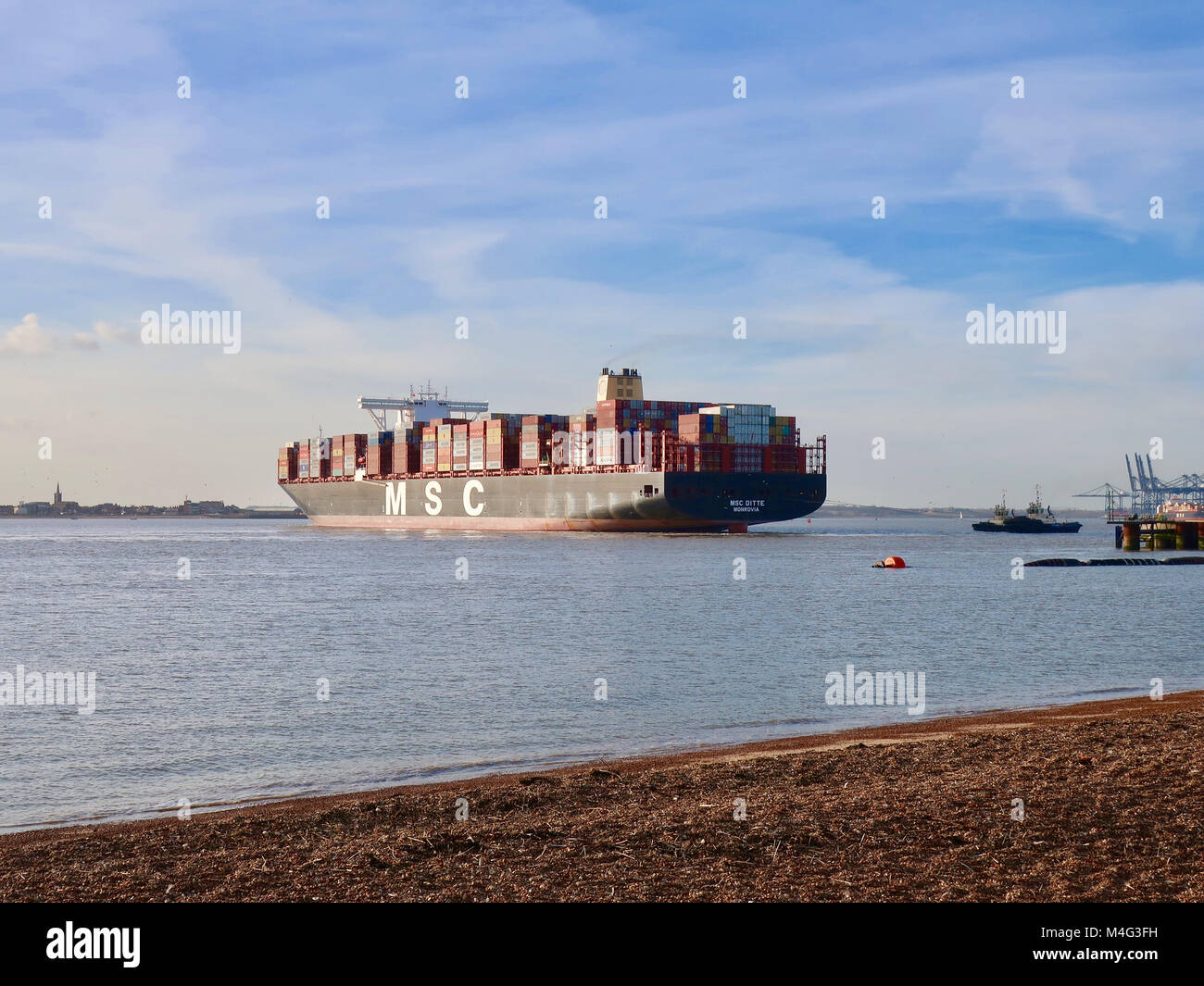 Felixstowe, UK. 16th February, 2018. UK Weather: Bright chilly winter afternoon as container ship the MSC Ditte arrives at the Port of Felixstowe, Suffolk. Stock Photo