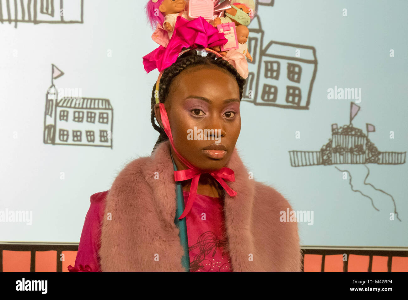 London, UK. 16th February 2018; Amy Thomson's presentation at Fashion Scout for London Fashion Week, she is one of the leading up and coming conceptual designers in the UK Credit: Ian Davidson/Alamy Live News Stock Photo
