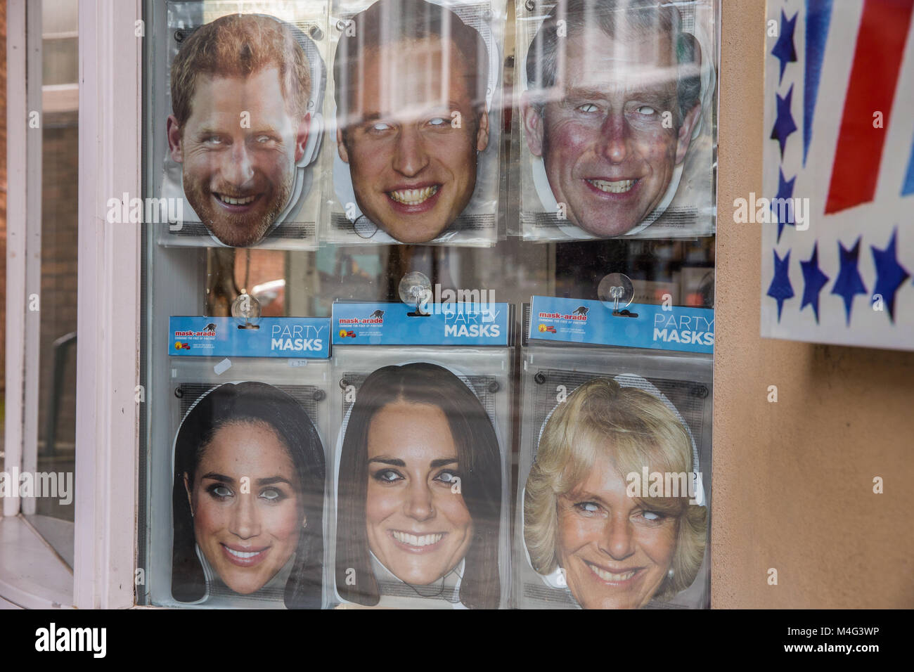 Windsor, UK. 15th January, 2018. Masks of Princes Harry, William and Charles, Meghan Markle, Kate Middleton and Camilla Parker-Bowles on sale in a shop in the Royal Borough of Windsor and Maidenhead. Credit: Mark Kerrison/Alamy Live News Stock Photo