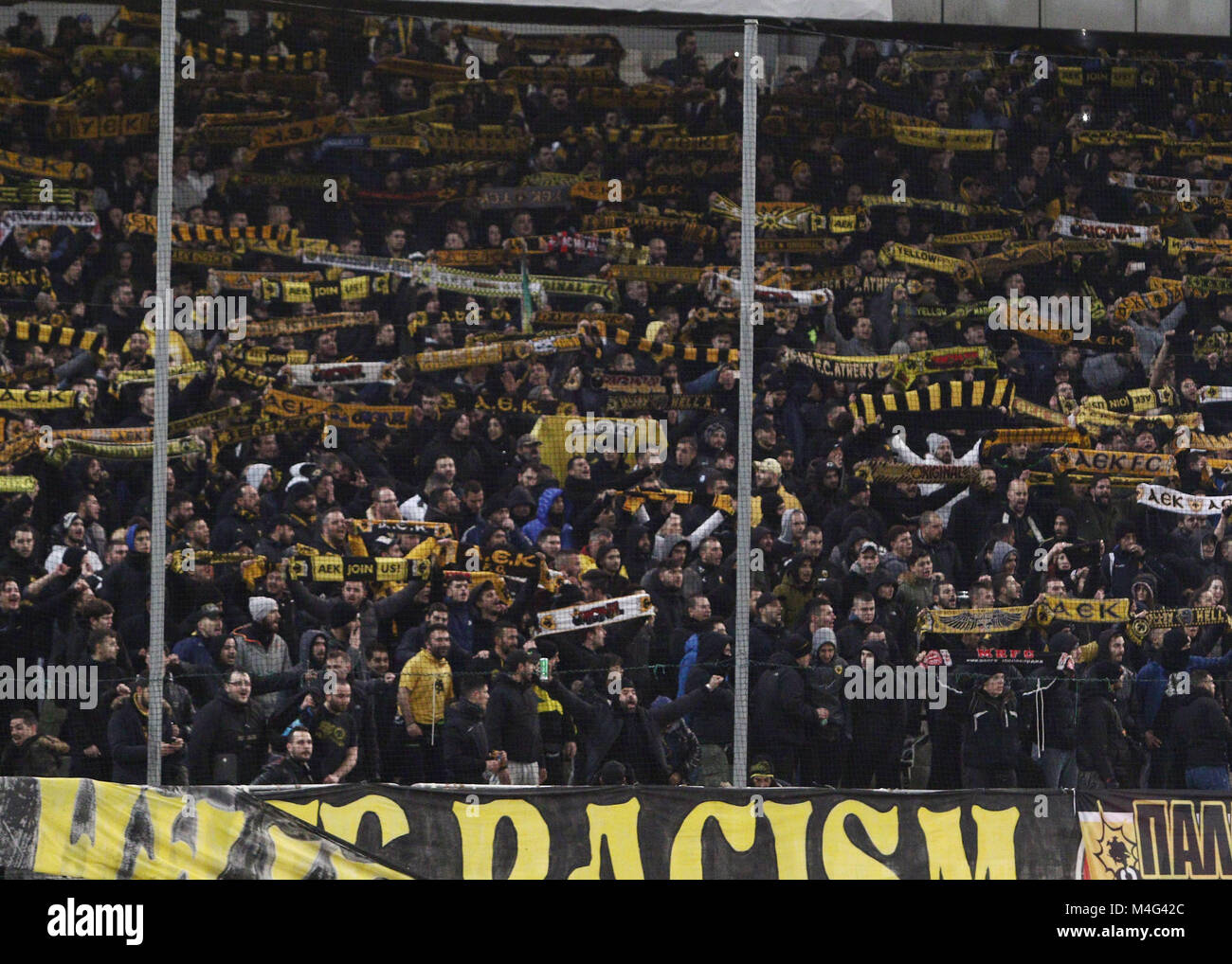 Athens, Greece. 15th Feb, 2018. AEK Athens fans seen during the  match.Europa League Round of